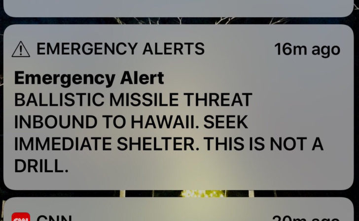A screen capture from a Twitter account showing a missile warning for Hawaii
