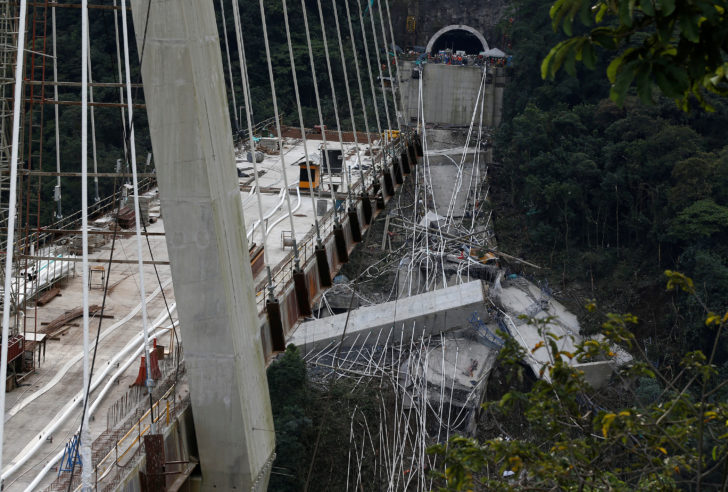 View of a bridge under construction that collapsed leaving dead and injured workers in Chirajara near Bogota