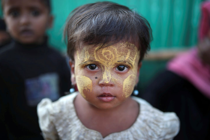 A Rohingya refugee child looks on at Jamtoli camp in Cox's Bazar