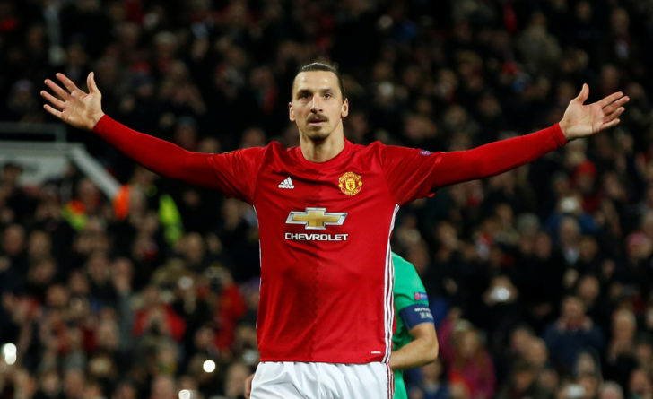 FILE PHOTO: Manchester United's Zlatan Ibrahimovic celebrates scoring their third goal to complete his hat trick