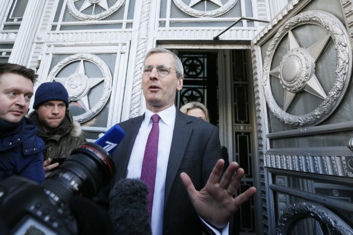 British Ambassador to Russia Laurie Bristow addresses the media while leaving the Russian Foreign Ministry in Moscow