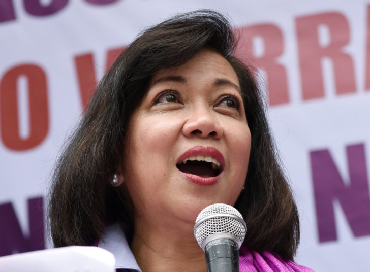 Ousted Philippine Supreme Court Justice Maria Lourdes Sereno speaks to supporters at a rally outside the Supreme Court building on Taft Avenue, metro Manila