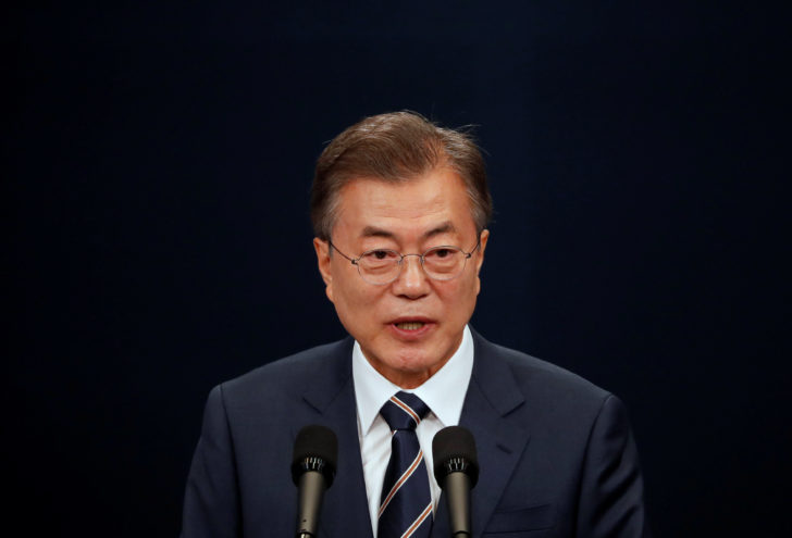 South Korean President Moon Jae-in speaks during a news conference at the Presidential Blue House in Seoul