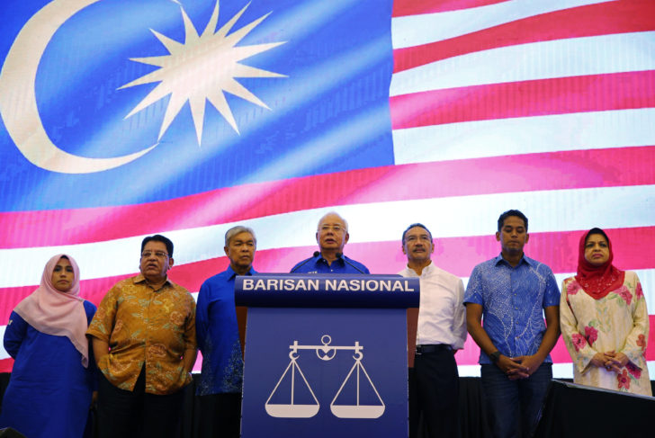 Malaysia's outgoing Prime Minister Najib Razak speaks during a news conference following the general election in Kuala Lumpur