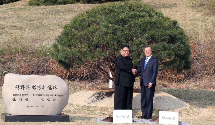 South Korean President Moon Jae-in and North Korean leader Kim Jong Un shake hands after planting a commemorative tree at the truce village of Panmunjom