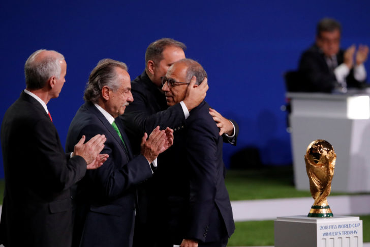 Officials celebrate after the announcement, that the 2026 FIFA World Cup will be held in the United States, Mexico and Canada, during the 68th FIFA Congress in Moscow