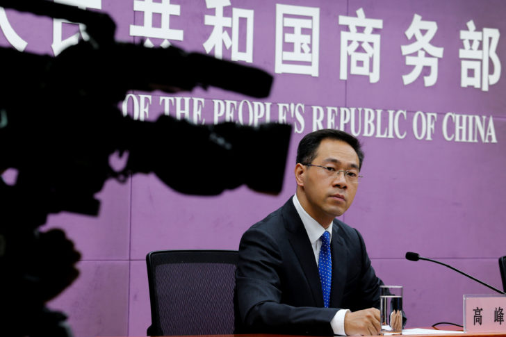 China's Ministry of Commerce spokesperson Gao Feng attends a news conference at the commerce ministry in Beijing