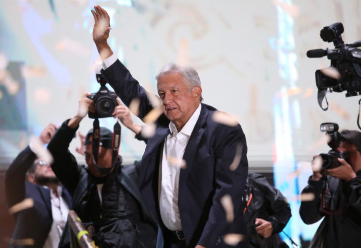 Presidential candidate Andres Manuel Lopez Obrador gestures as he addresses supporters in Mexico City