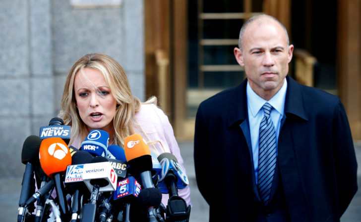 FILE PHOTO: Adult film actress Stephanie Clifford, also known as Stormy Daniels, speaks to media along with lawyer Michael Avenatti outside federal court in Manhattan