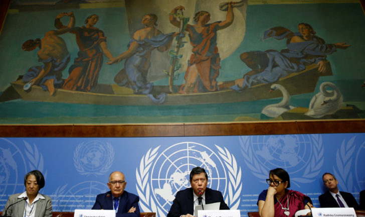 Members of the Independent International Fact-finding Mission on Myanmar attends a news conference at the UN in Geneva