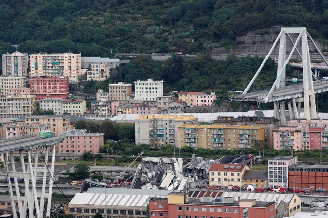 The collapsed Morandi Bridge is seen in the Italian port city of Genoa