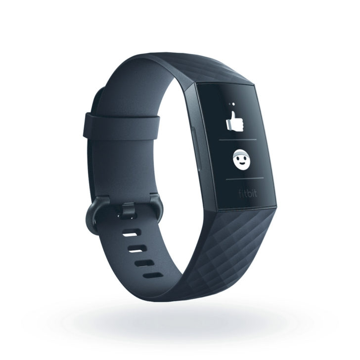 Product render of Fitbit Charge 3, 3 quarter view, showing emoji
