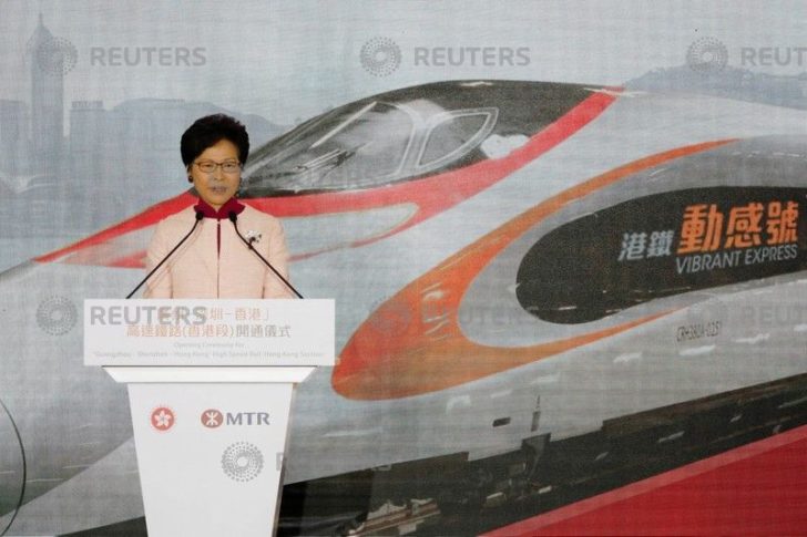 Hong Kong Chief Executive Carrie Lam speaks the opening ceremony of the Hong Kong Section of the Guangzhou-Shenzhen-Hong Kong Express Rail Link, in Hong Kong
