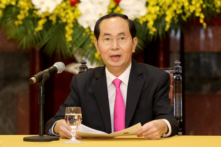 FILE PHOTO: Vietnamese President Tran Dai Quang speaks during a press conference at the Presidential Palace in Hanoi