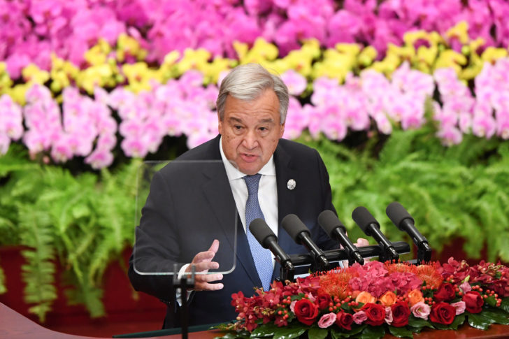 Antonio Guterres, the Secretary-General of the United Nations, gives a speech during the opening ceremony of the Forum on China-Africa Cooperation at the Great Hall of the People in Beijing
