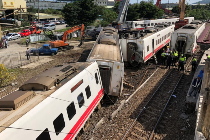 An overturned train is seen in Yilan