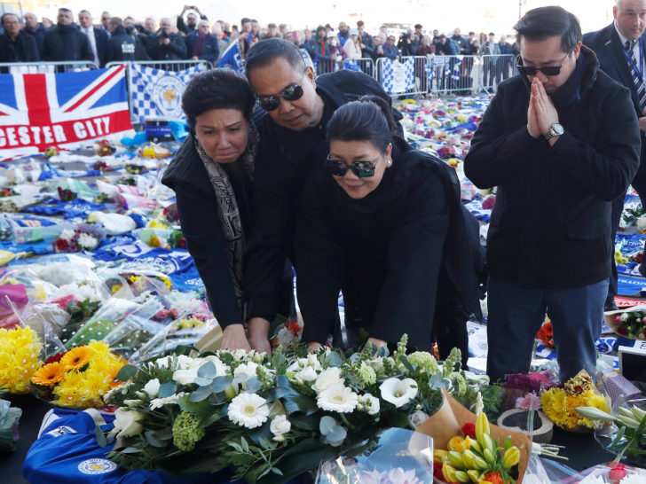 Son and wife of Leicester City's owner Thai businessman Vichai Srivaddhanaprabha, lay a wreath for Vichai and four other people who died when the helicopter they were travelling in crashed in Leicester
