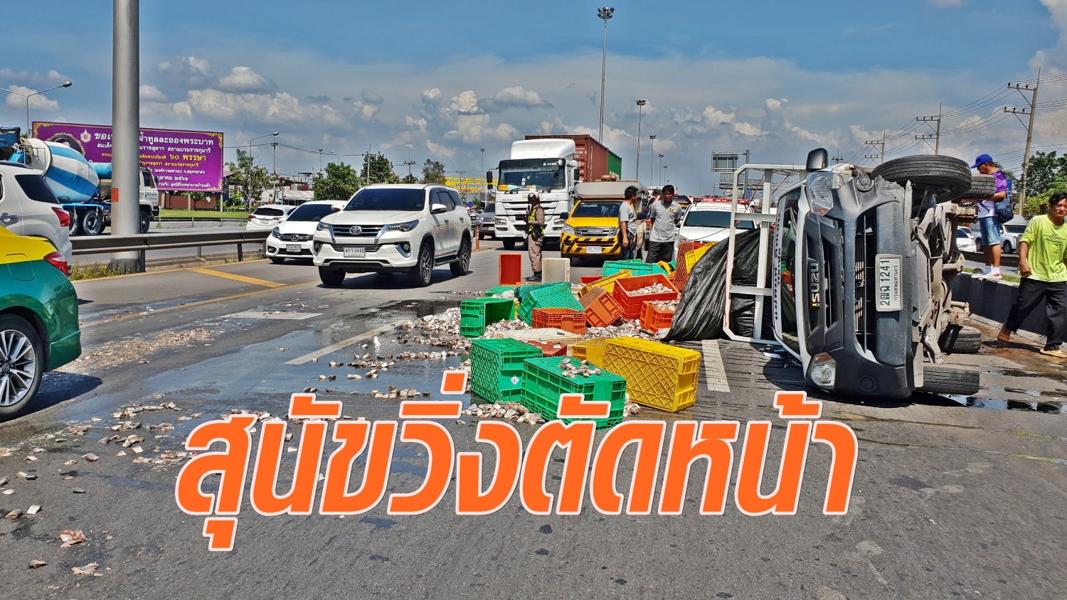 รถบรรทุกปลาพลิกคว่ำบนถนนพระราม 2 คนขับชี้เหตุสุนัขวิ่งตัดหน้า