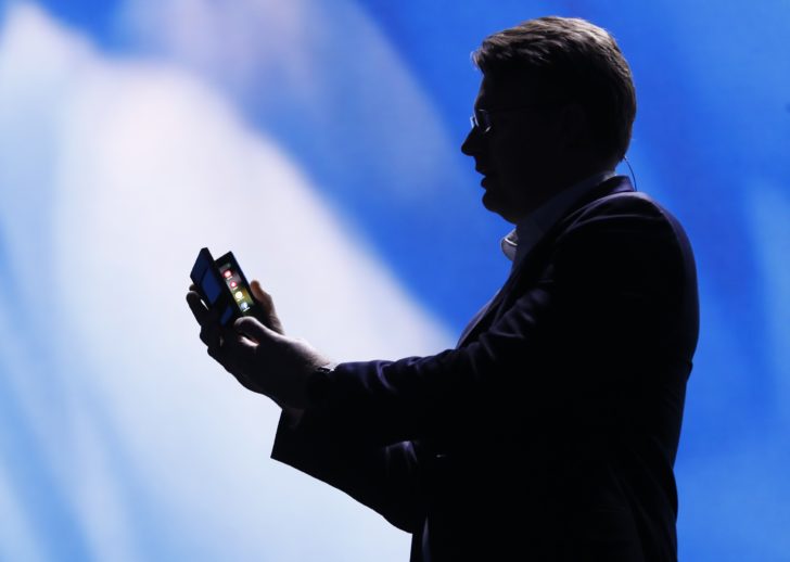 Justin Denison, Samsung Electronics senior vice president of Mobile Product Marketing, speaks during the unveiling of Samsung's new foldable screen smart phone, during the Samsung Developers Conference in San Francisco