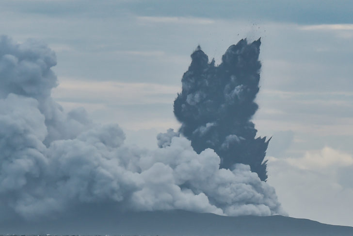 Mount Anak Krakatau volcano spews hot ash during an eruption as seen from Indonesian Naval Patrol Boat, KRI Torani 860, at Sunda strait in Banten