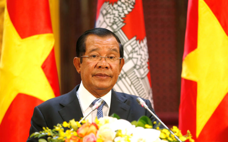 Cambodia's Prime Minister Hun Sen attends a news conference with his Vietnamese counterpart Nguyen Xuan Phuc in Hanoi