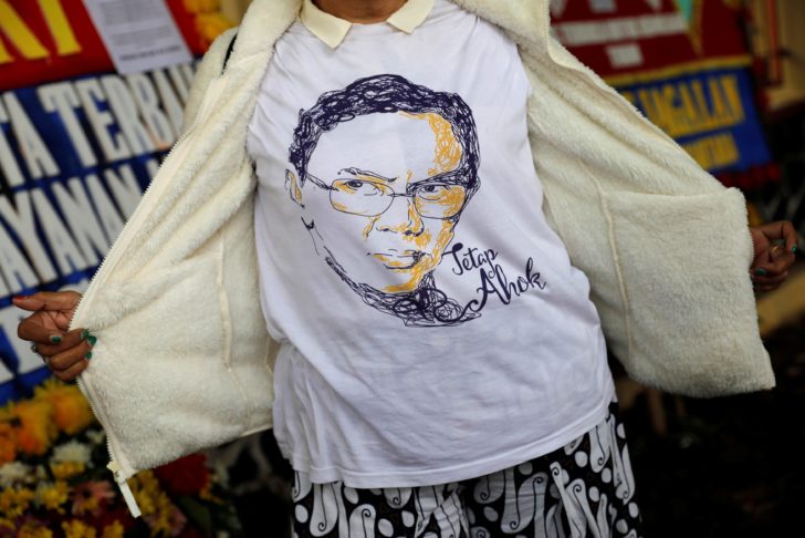 A supporter of former Jakarta governor Basuki