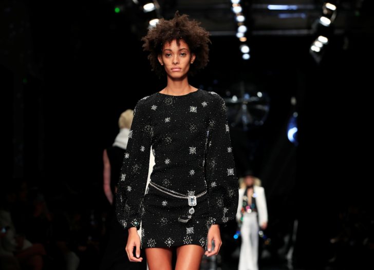 A model presents a creation by designer Maxime Simoens as part of his Haute Couture Spring-Summer 2019 collection show for fashion house Azzaro Couture in Paris