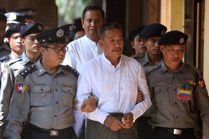 Kyi Lin and Aung Win Zaw, who are accused of the murder of Muslim lawyer Ko Ni, arrive at Insein court in Yangon