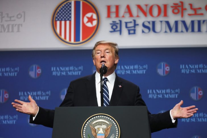 U.S. President Donald Trump holds a news conference after his summit with North Korean leader Kim Jong Un at the JW Marriott hotel in Hanoi, Vietnam