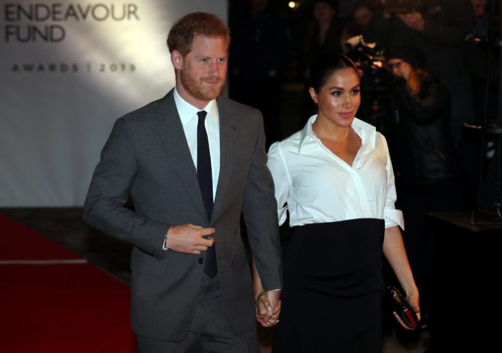 Britain's Prince Harry and Meghan, Duchess of Sussex, arrive at the Endeavour Fund Awards in the Drapers' Hall in London