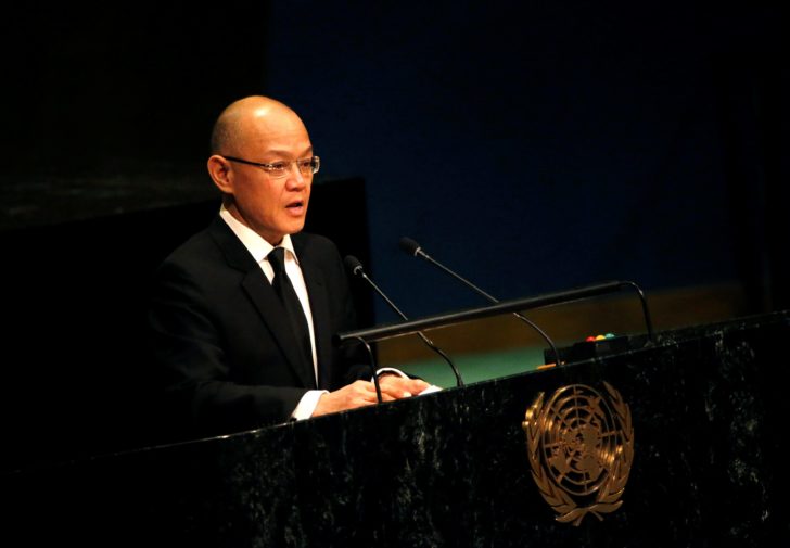 Thai Ambassador to United Nations Plasa speaks in General Assembly during a tribute to the late King of Thailand Bhumibol Adulyadej