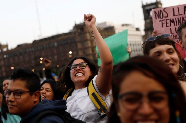 A woman gestures during a march on International Women's Day in Mexico City