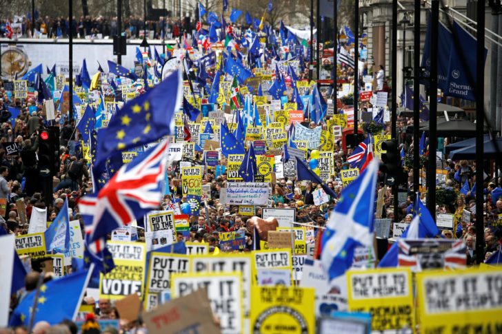 EU supporters participate in the 'People's Vote' march in central London