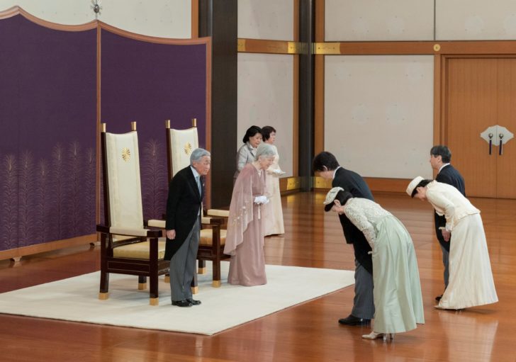 Japan's Emperor Akihito and Empress Michiko receive Crown Prince Naruhito, Crown Princess Masako, Prince Akishino and Princess Kiko during a celebration marking 60th anniversary of their wedding at the Imperial Palace in Tokyo