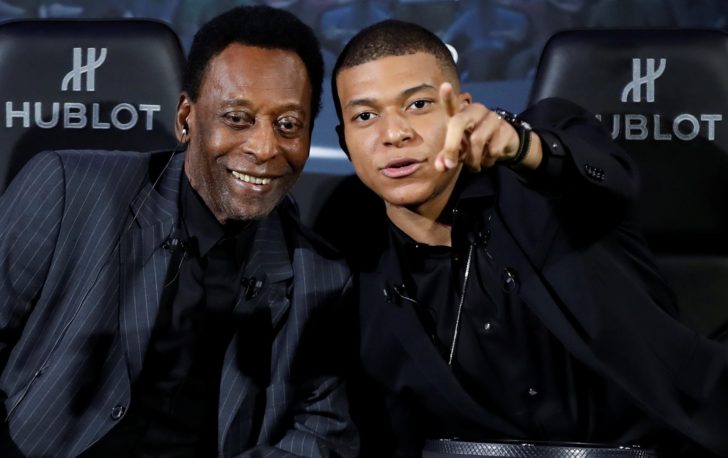 French soccer player Kylian Mbappe and Brazilian soccer legend Pele meet in Paris