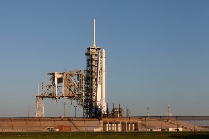 A SpaceX Dragon spacecraft stands ready for liftoff at NASA Kennedy Space Center’s Launch Pad 39A on Merritt Island Florida