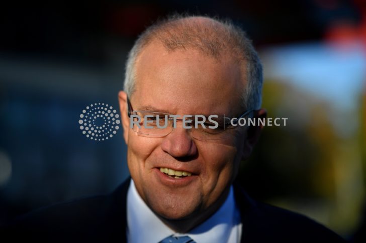 Australian Prime Minister Scott Morrison reacts on Election Day at Norwood Primary School in Launceston, Tasmania