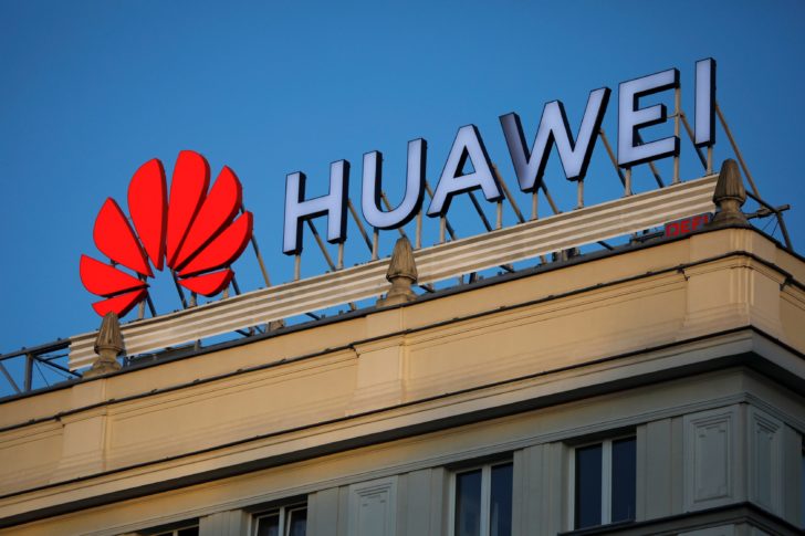 The Huawei logo is pictured in central Warsaw