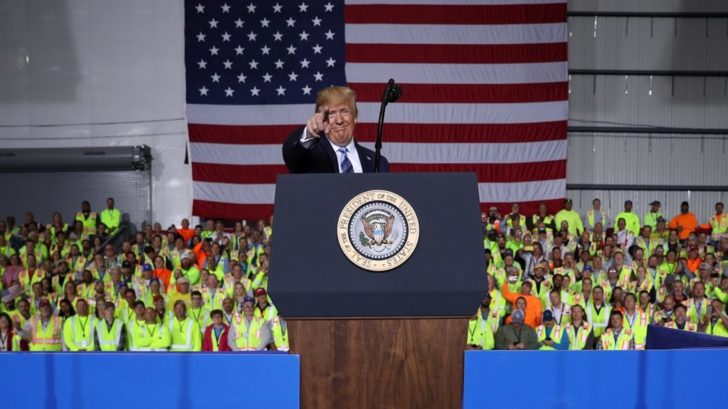 U.S. President Trump arrives to speak about energy production and manufacturing at the Shell Pennsylvania Petrochemicals Complex in Monaco, Pennsylvania