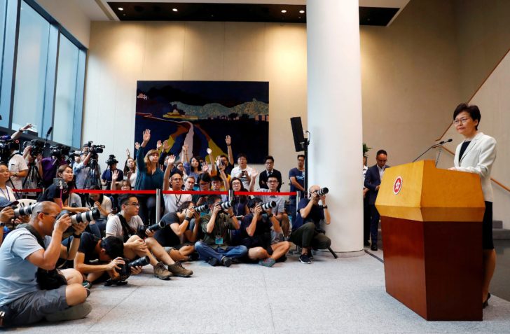 Hong Kong's Chief Executive Carrie Lam holds a news conference in Hong Kong