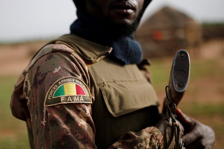 A Malian Armed Forces (FAMa) patch worn by a soldier is pictured during the Operation Barkhane in Ndaki