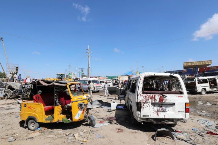 A view shows the scene of a car bomb explosion at a checkpoint in Mogadishu