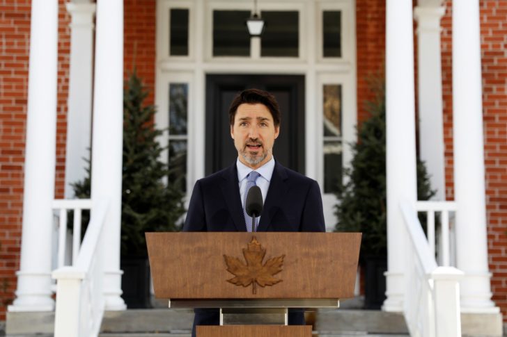 Canada's Prime Minister Justin Trudeau attends a news conference at Rideau Cottage in Ottawa