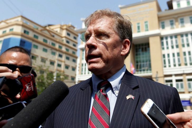 U.S. Ambassador to Cambodia Murphy speaks to reporters after attending Sokha's ongoing trial in Phnom Penh