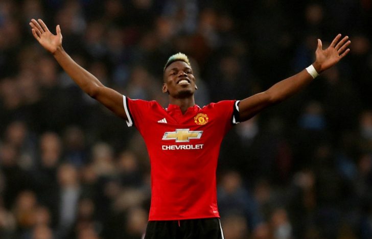 FILE PHOTO: Manchester United midfielder Paul Pogba celebrates after his match-winning display against rivals Manchester City at the Etihad Stadium