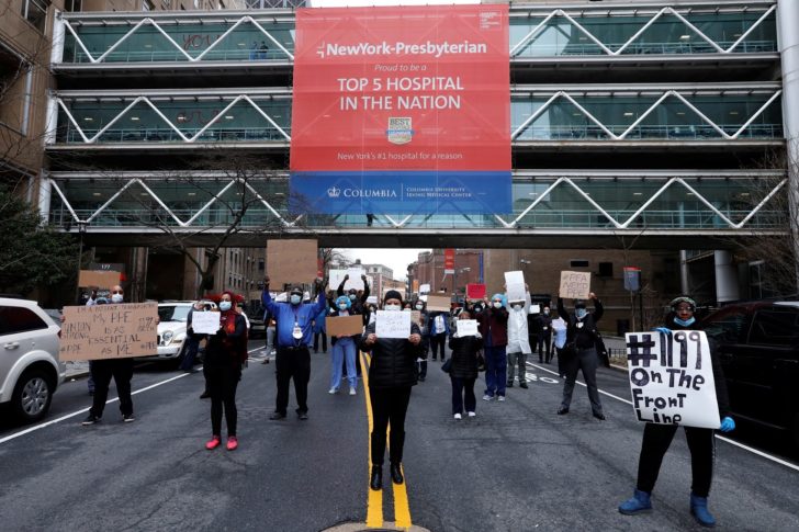 Healthcare workers demonstrate as part of national day of action calling for more PPE during outbreak of coronavirus disease (COVID-19) in New York