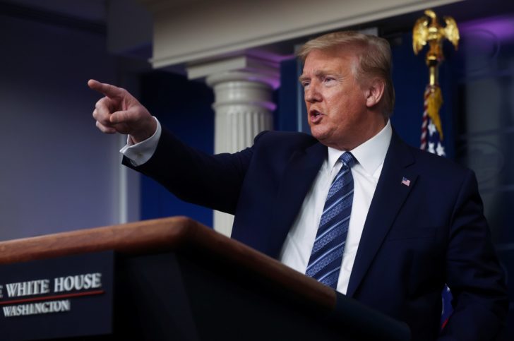 U.S. President Trump addresses the daily coronavirus task force briefing at the White House in Washington