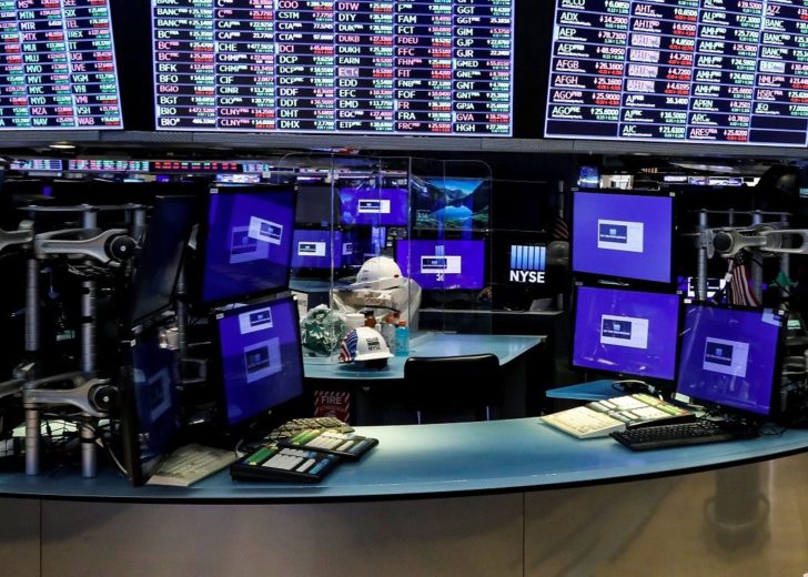 Dividers are seen inside a trading post on the trading floor as preparations are made for the return to trading at the NYSE in New York