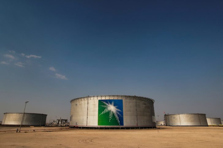 FILE PHOTO: A view shows branded oil tanks at Saudi Aramco oil facility in Abqaiq