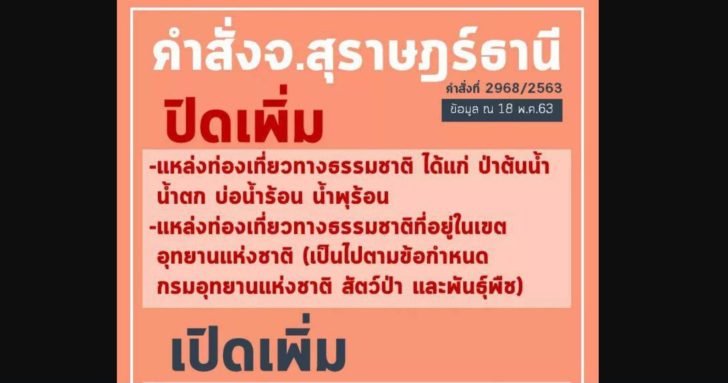 สุราษฎร์ สั่งปิดแหล่งท่องเที่ยวเพิ่มเติม ป้องกันแพร่โควิด